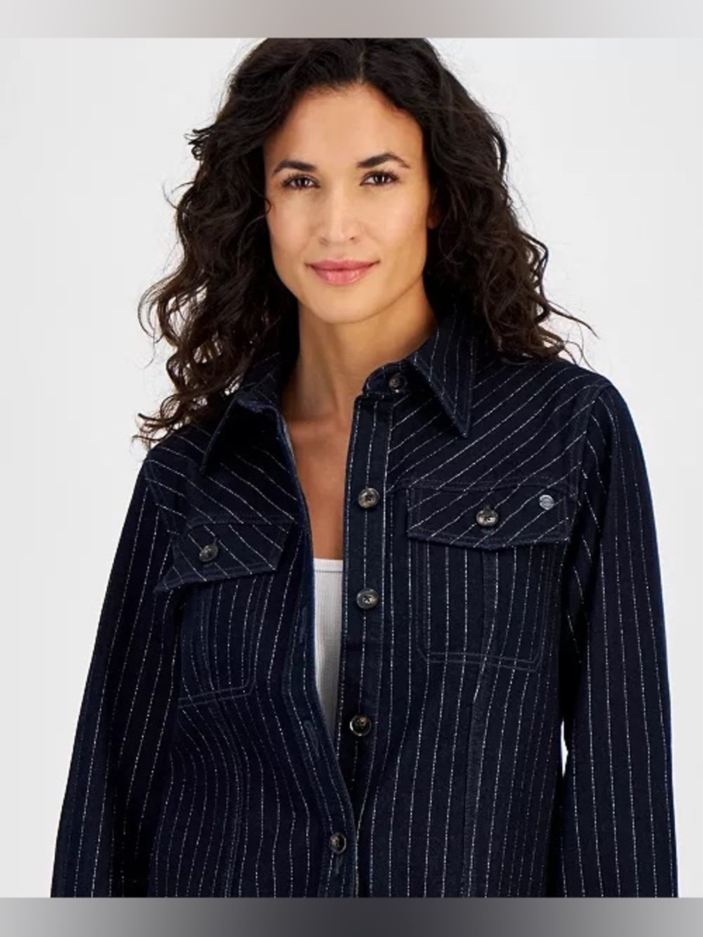Tommy Hilfiger Denim Shine Shacket Indigo Striped Size M Button Front Medium